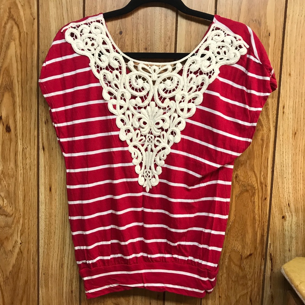 Striped Short Sleeve Tee with Lace Back
